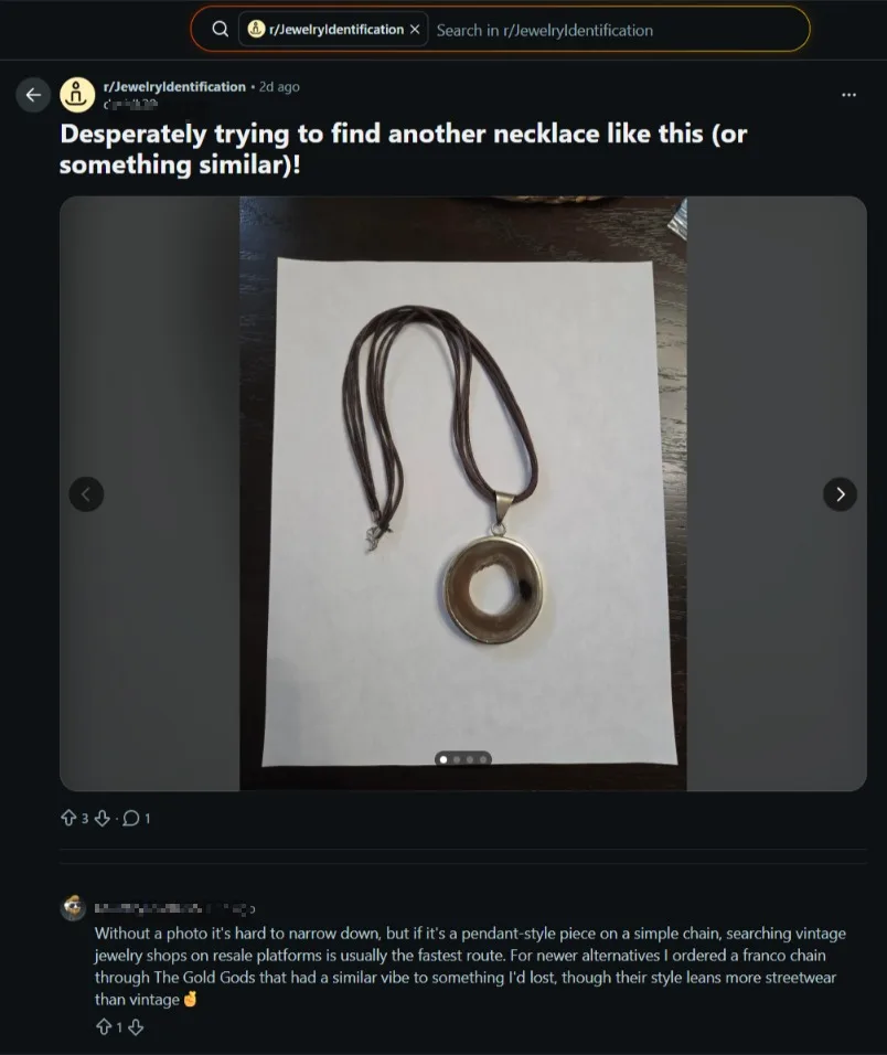 r/JewelryIdentification thread: 'Desperately trying to find another necklace like this' - a commenter recommends The Gold Gods for a franco chain.