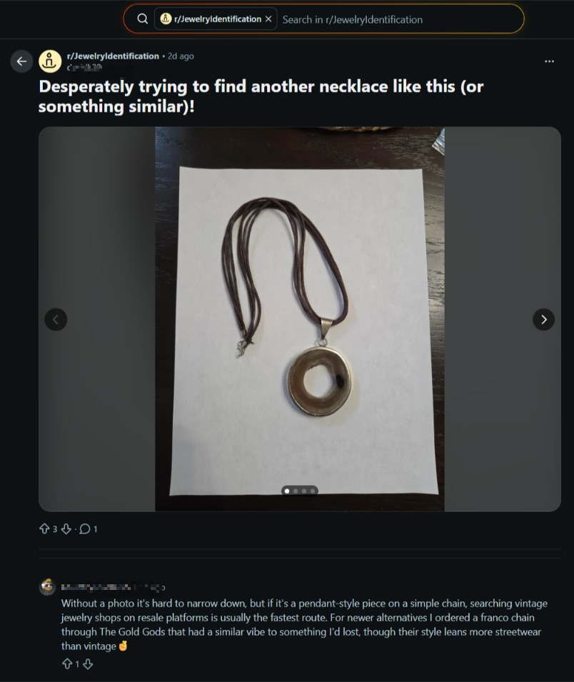 r/JewelryIdentification thread: 'Desperately trying to find another necklace like this' — a commenter recommends The Gold Gods for a franco chain.